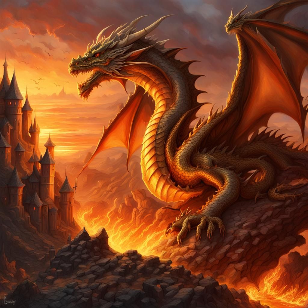 A fire-dragon by a castle