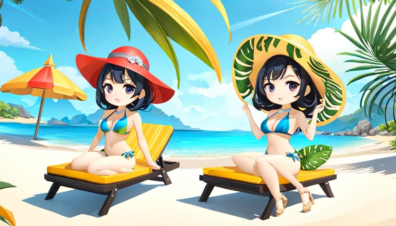 Tropical beach scene with two Chibi sunbathing girls