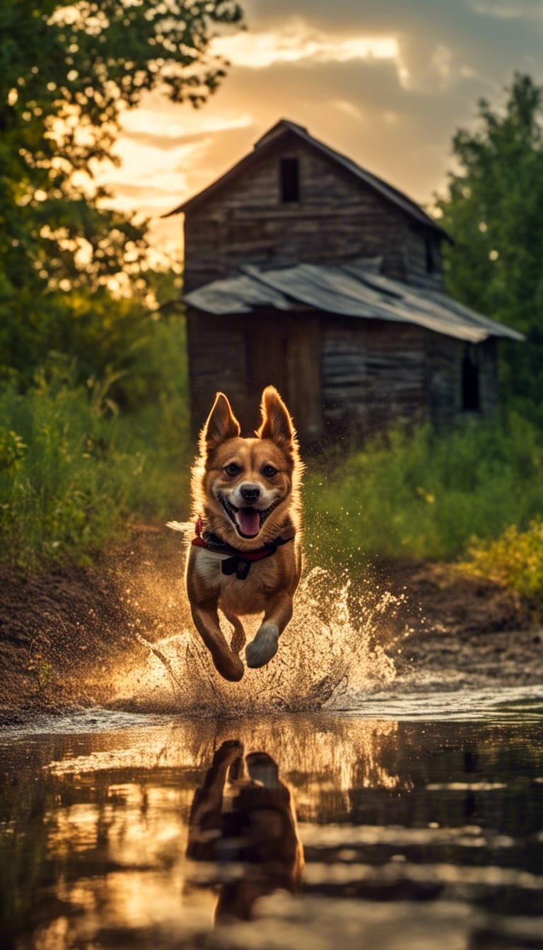 freedom. dog running (action effect drama) lucky dog <lora:Strong Expression:1.4>   by @KiFreund