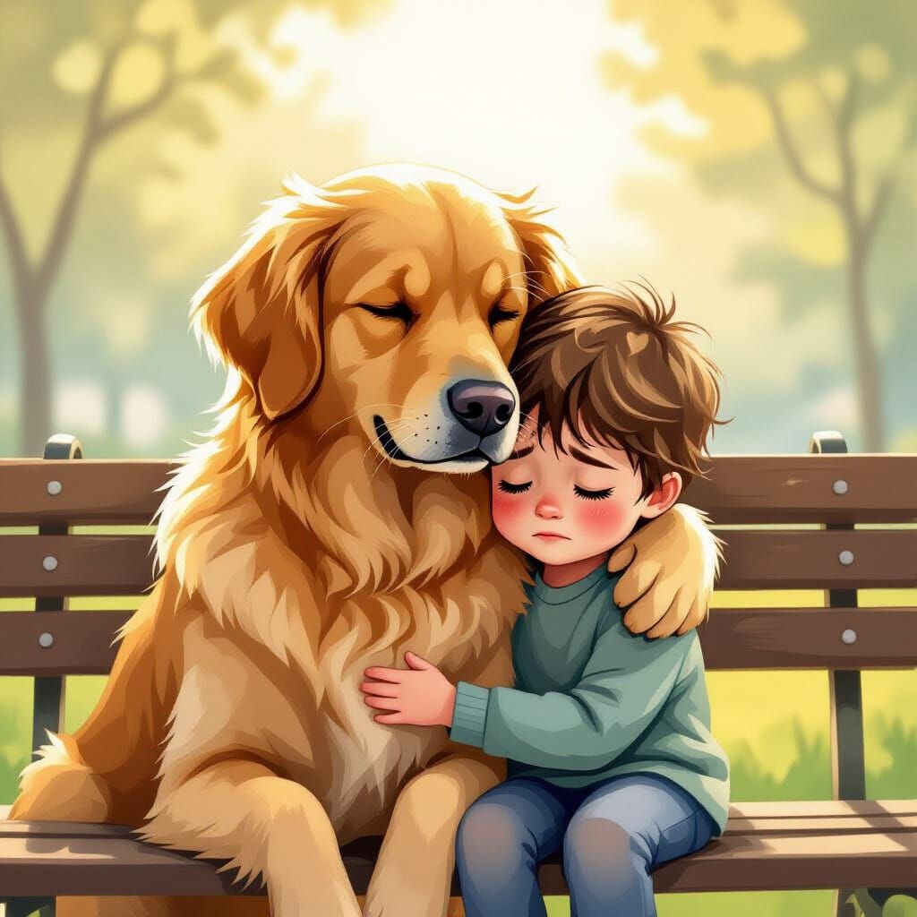 Heartwarming Illustration of Dog Comforting Sad Child