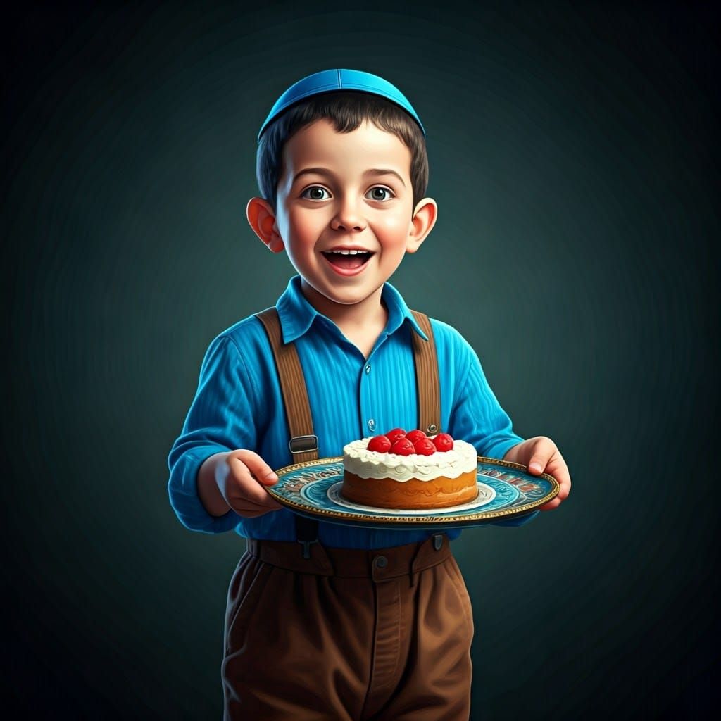 Joyful Haredi Boy Holds Ornate Cake with Delicate Patterns