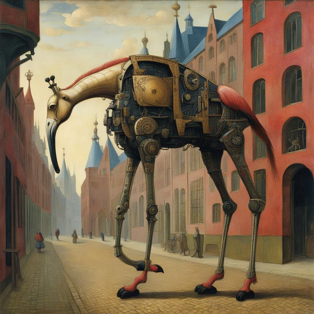 Mechanical flamingo with giraffe's neck 
Mecha by Jan van Ey...