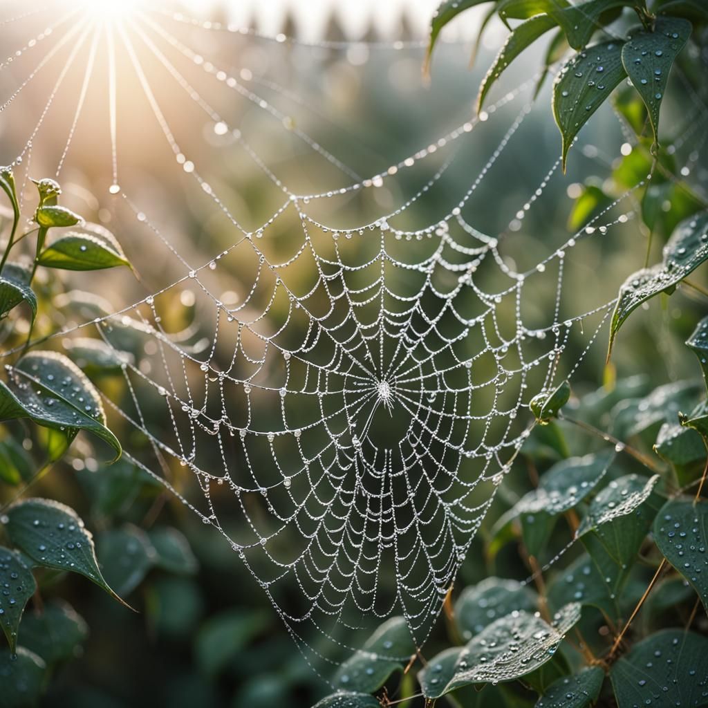 Spiderweb with dewdrops  by @MvE
