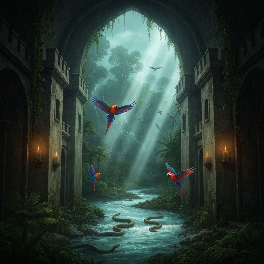 Mysterious Castle Interior with Stormy Jungle Scene