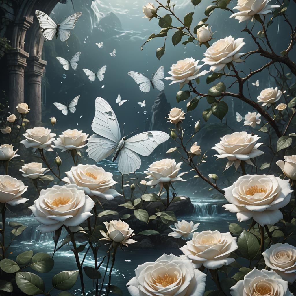 white butterfly, water, white rose