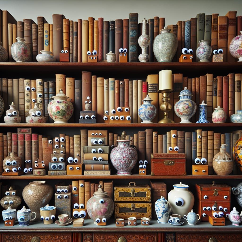 A book shelf with a few: books, jars, candles, boxes, vases & various ...