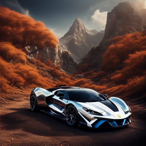 White Lamborghini on Money Pile, Dramatic Lighting