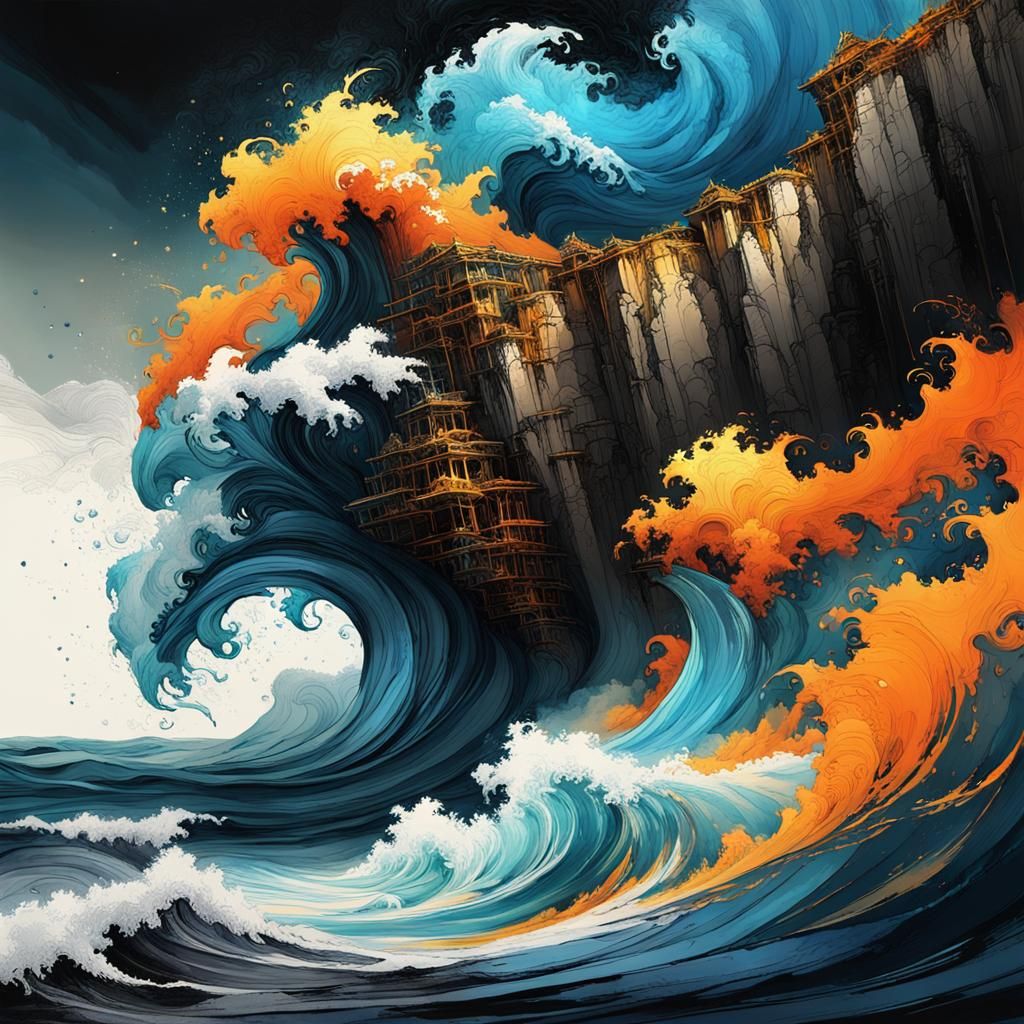 a Huge waves crushing against jagged cliff