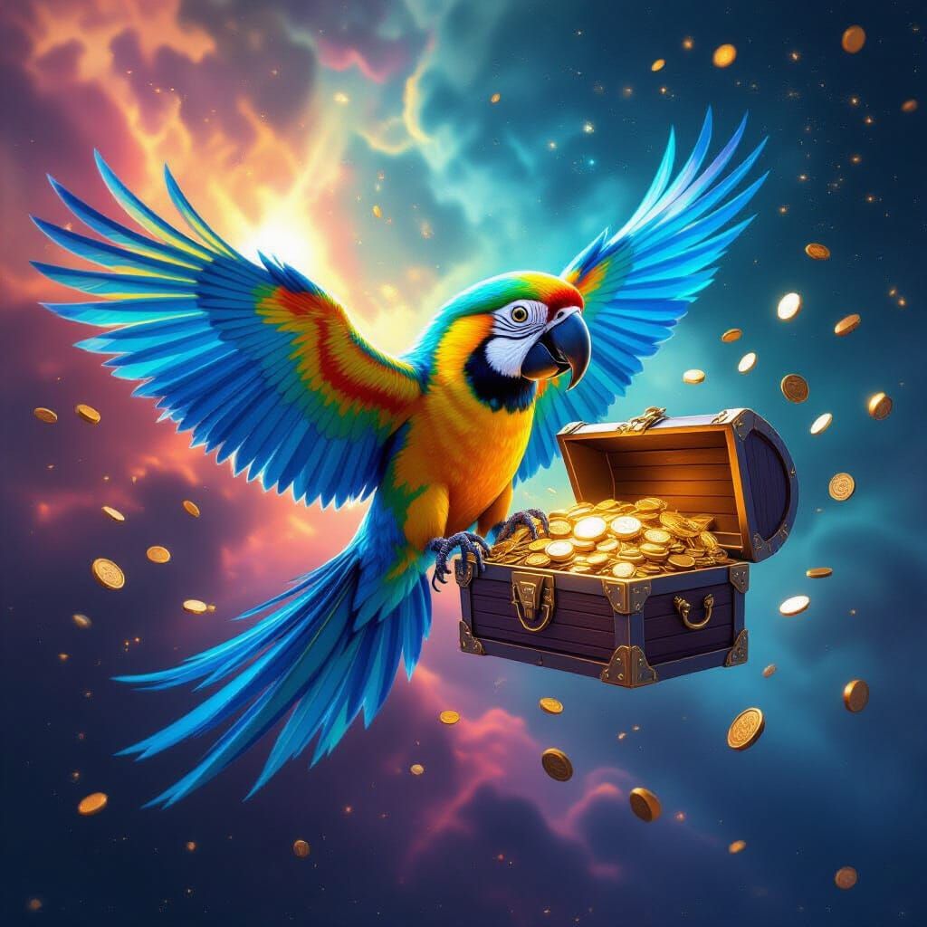 Glitch art portrait. A bioluminescent, anthropomorphic parrot soars through a nebula, clutching a treasure chest overflowing with gold coins...