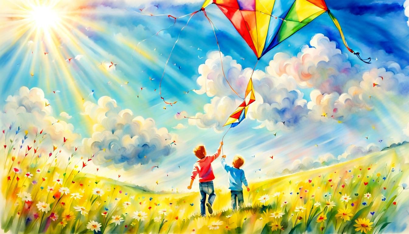 a kid is flying a kite with his father, on a meadow, sunny d...