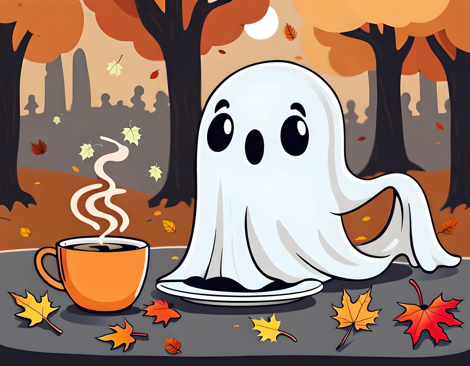 cute ghost with fall background drinking coffee