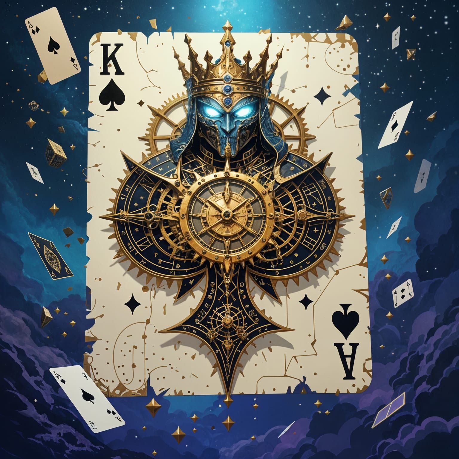 A colossal, clockwork King of Spades, its scales made of intricate gears and shimmering brass, soars a deck of cards  and abstract geometric...