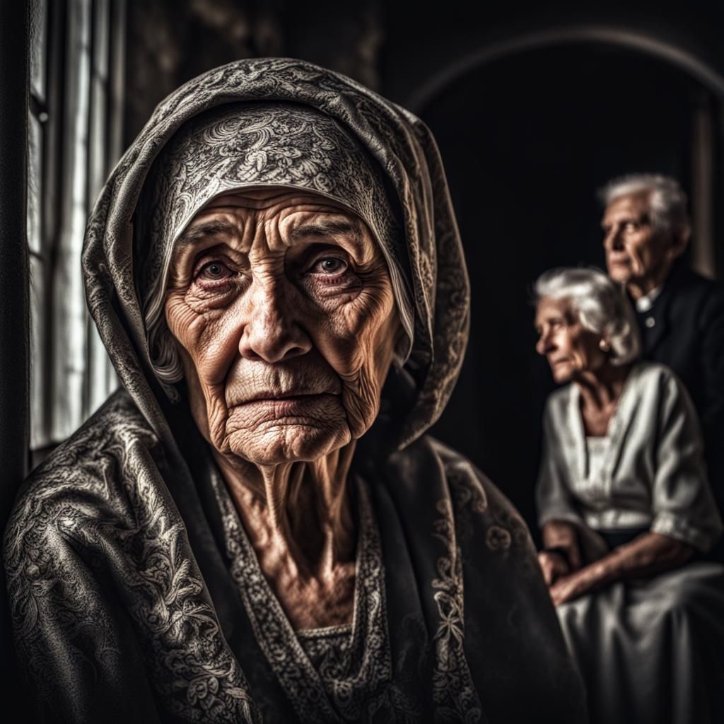 Old woman widow surrounded by the spirit of her loving husba...