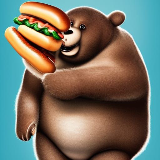 Big Fat looking Bear  eating a Hot Dog in a Ed Roth art styl...