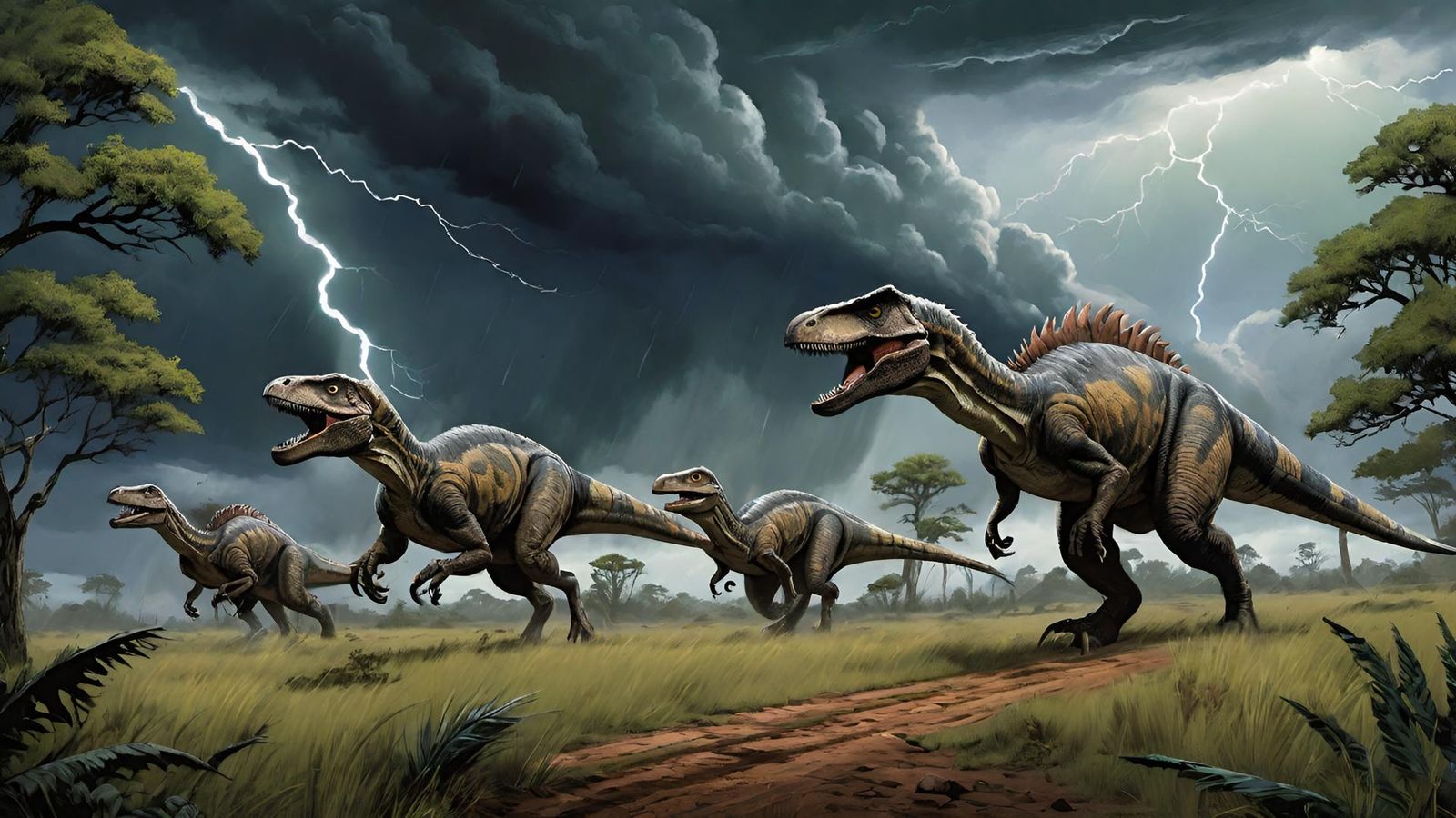 A sprawling Jurassic savanna under a stormy sky