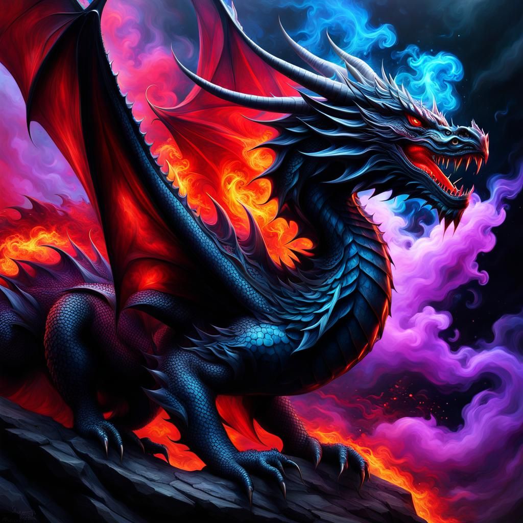 An image of a dragon, digital art techniques, features black smoke red ...