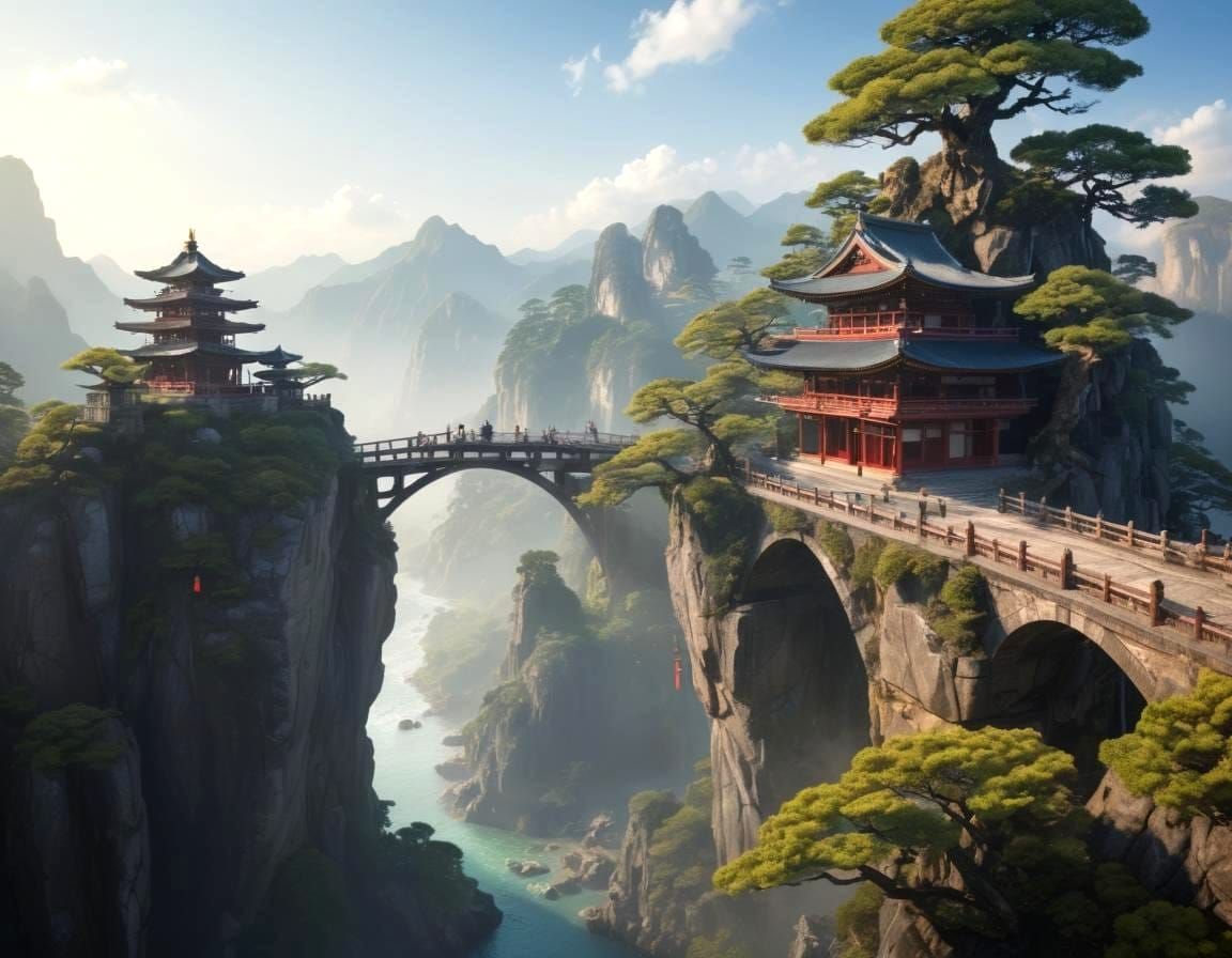 Mystical Asian Landscape with Sakura and Temples