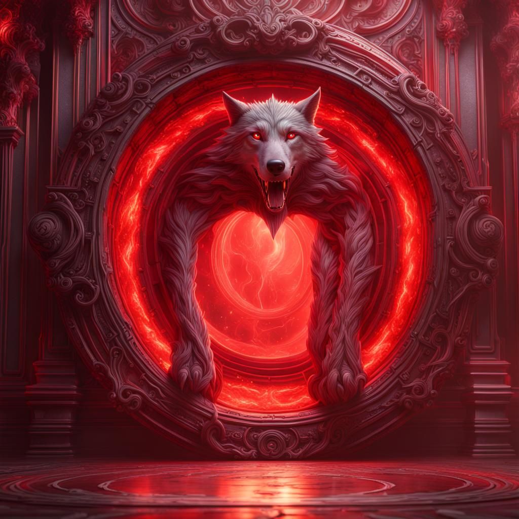 Transparent red portal with inside wolfs