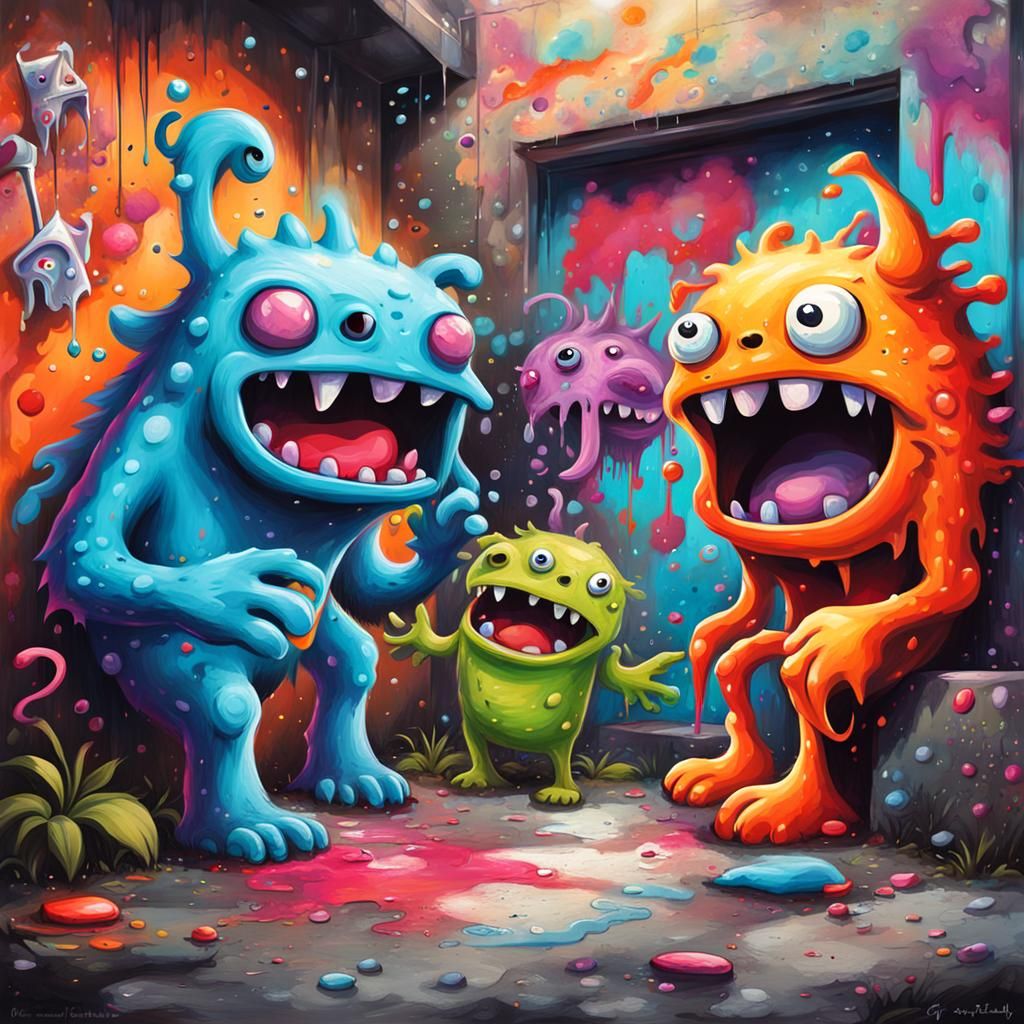 Secret Meeting of Monster Imaginary Friends in Graffiti Art