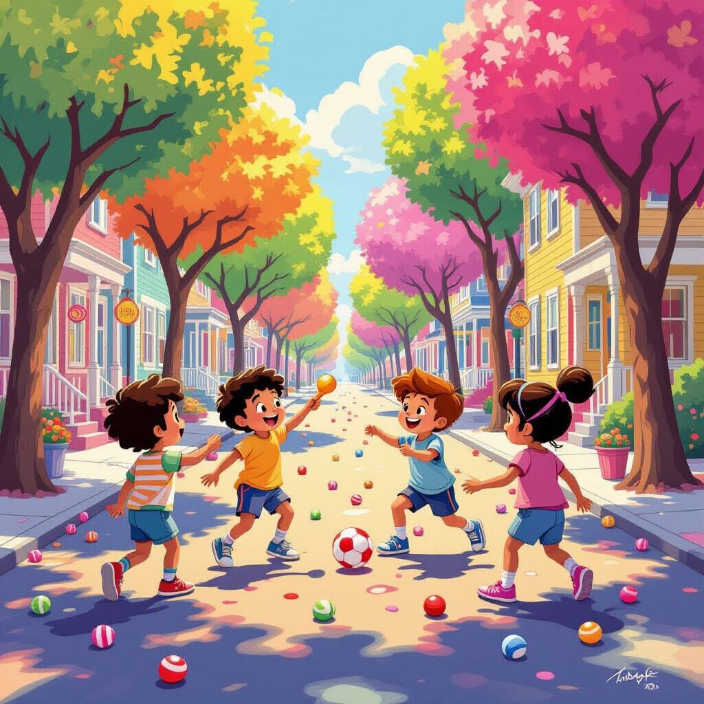 Children Play Stickball on Candy Street