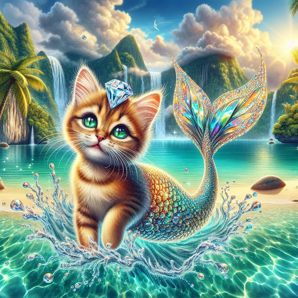 cute little cat as a mermaid with diamond mermaid tail, trop...