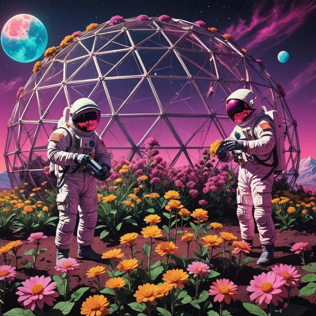 Three men in spacesuits tending to the flowers in a geodesic...
