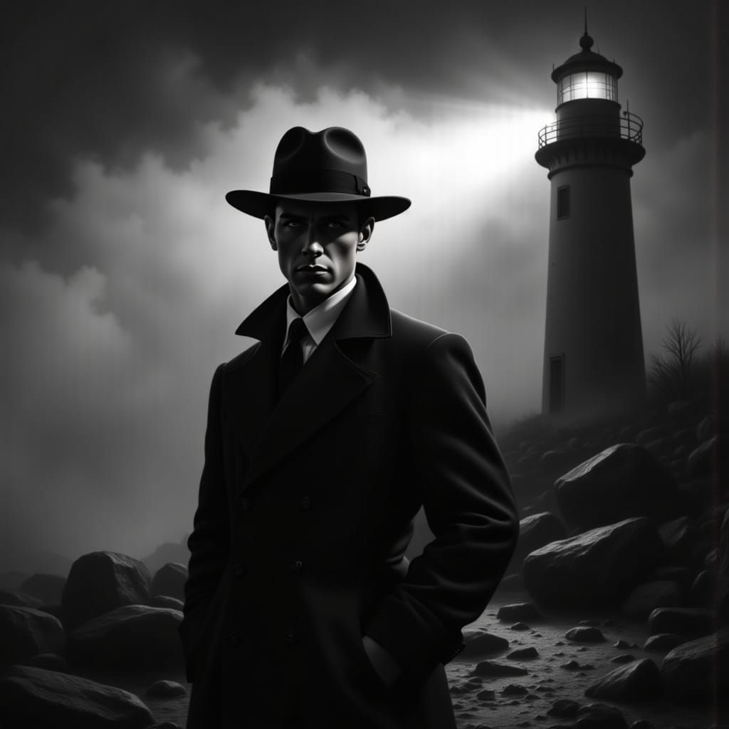 1940s Detective in Lighthouse Beam, Film Noir Style