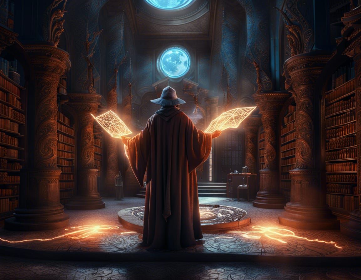 sorcerer standing at the entrance of an ancient library of spells - AI ...