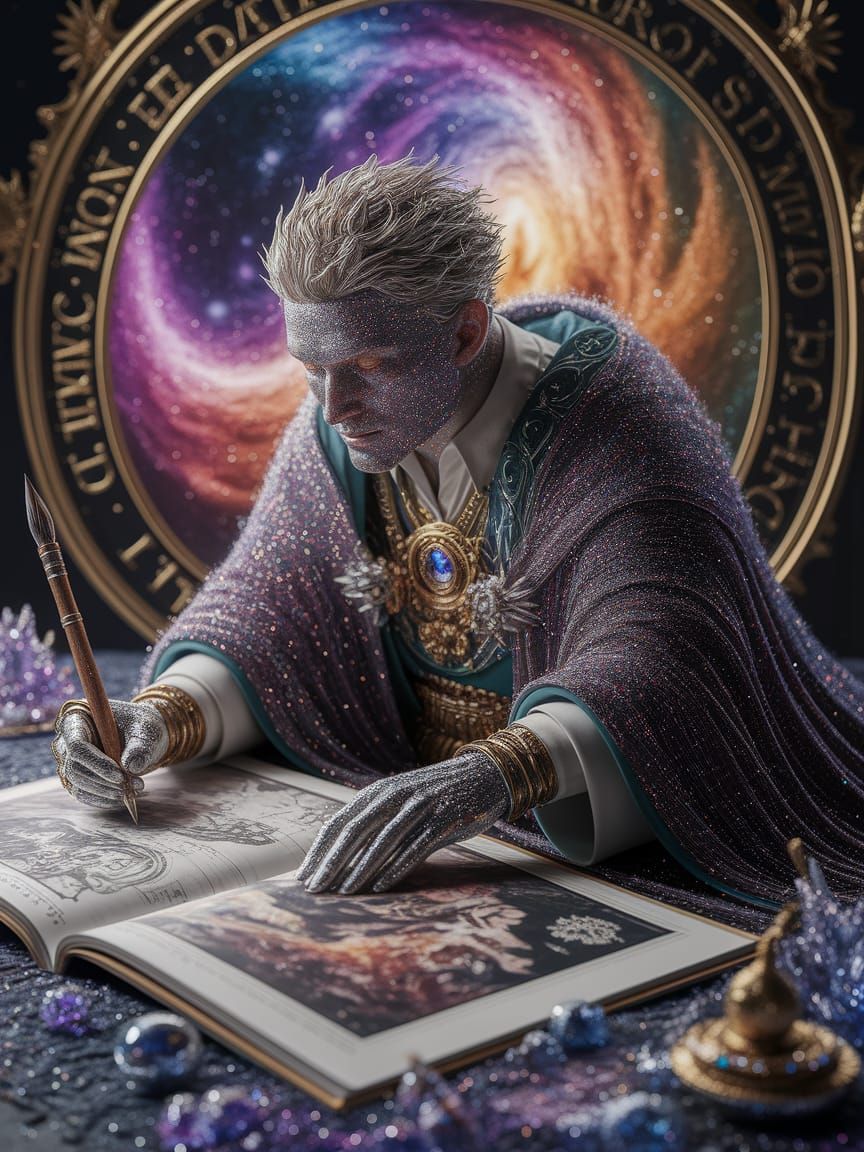 Imagine a celestial cartographer charting new galaxies with brushes made of stardust and inks of liquid nebula. The cartographer, adorned in...