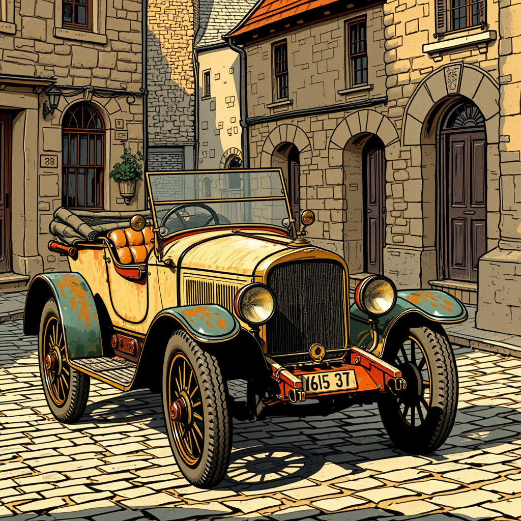 Veteran car in the style of Ronald Searle