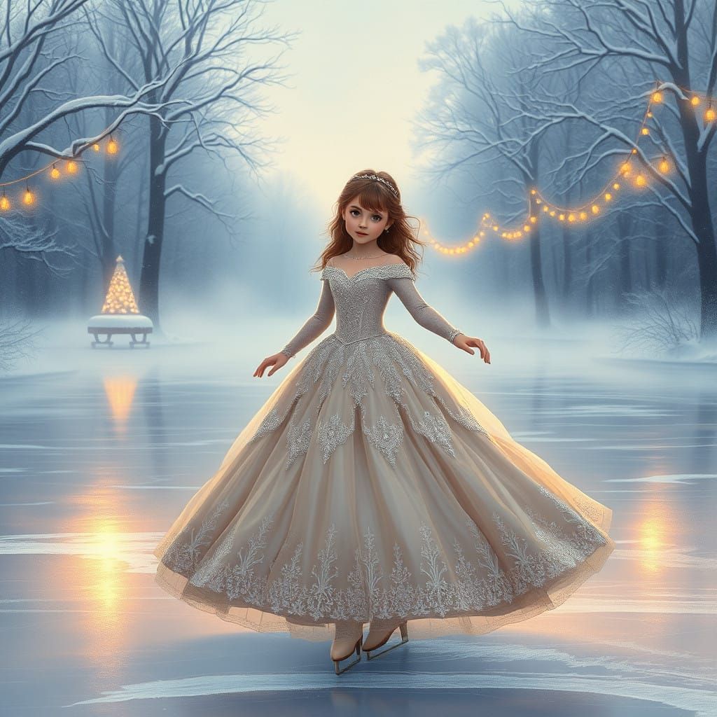 Girl in Sparkling Ball Gown Ice Skates under Golden Glow