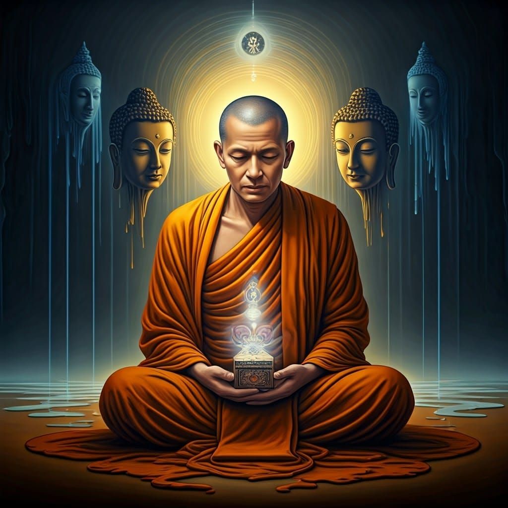 Buddhist Monk in Surrealist Dreamscape with Glowing Orbs and...