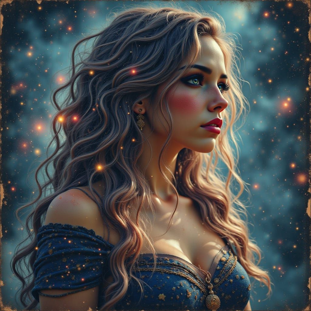 Surreal Woman Portrait with Cosmic Hair in Double Exposure