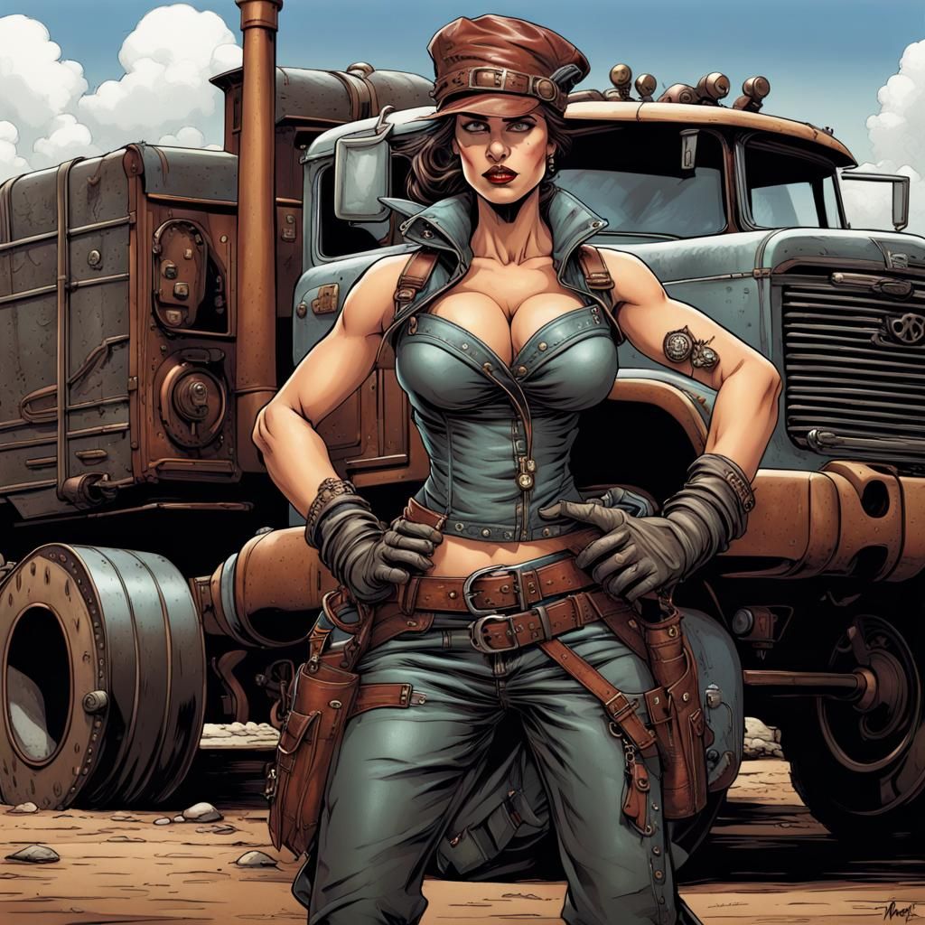 Dieselpunk Woman and Truck in Comic Book Art