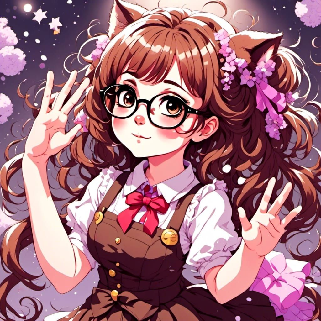 lora:golly:1.0> <lora:Anime:1.0> Brown hair brown eyes glasses fba Neko  catgirl goddess anime bishojo lovely kind beautiful waving - AI Generated  Artwork - NightCafe Creator