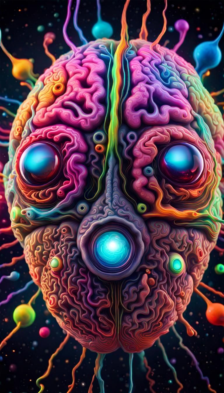 A psycadelic neon brain with big eyes  pulsating into space ...