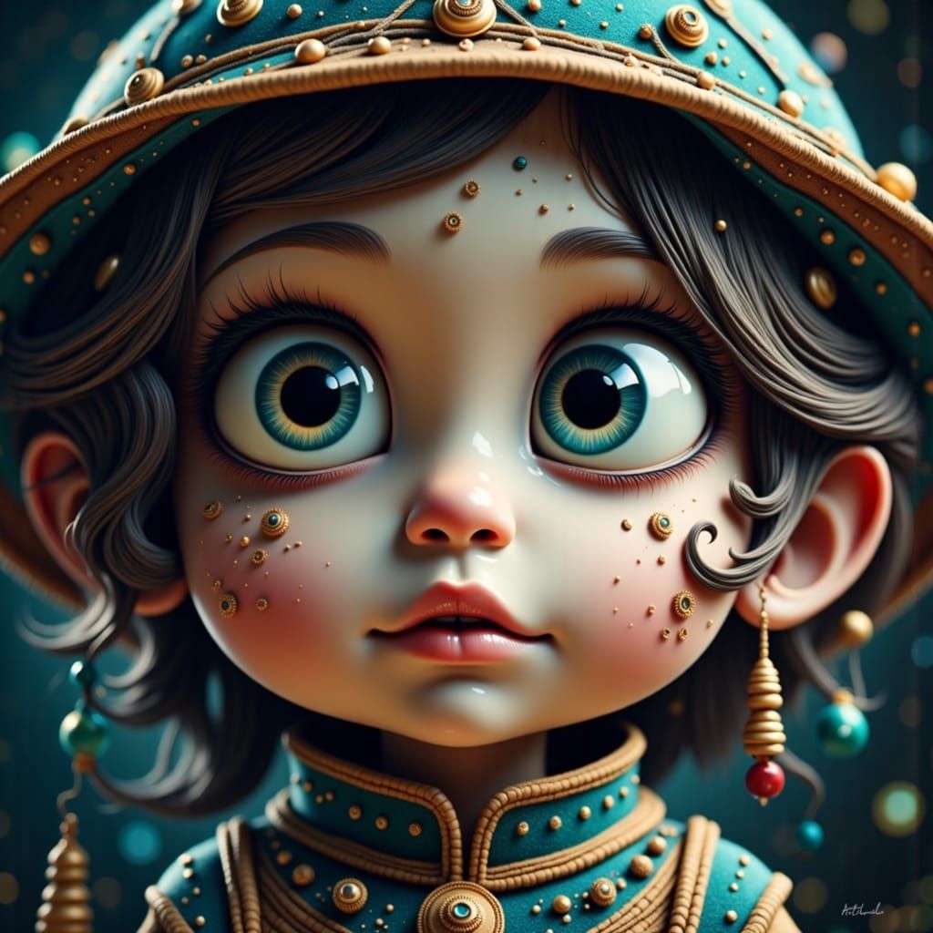  <lora:Fantasy eyes Flux:1.0> surrel cute toddler with big eyes as life path to the eternity; surrealism;