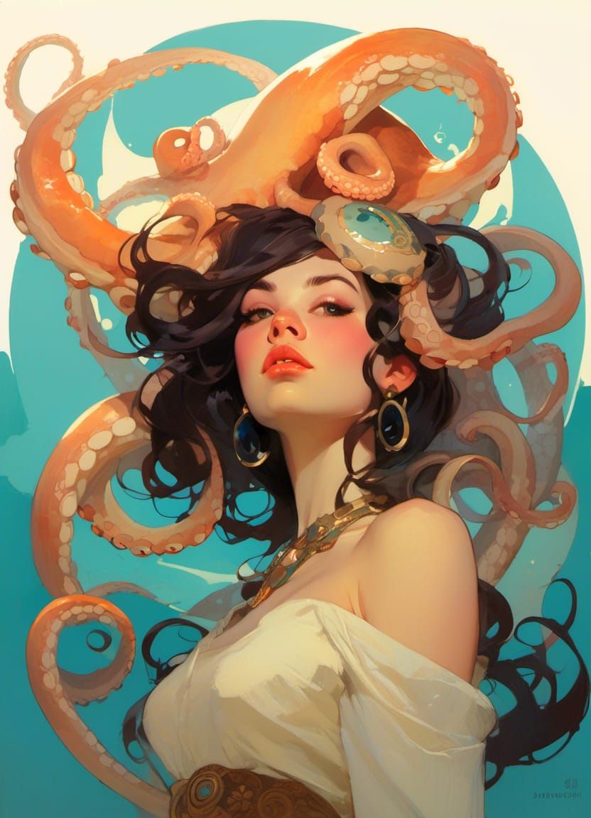 A portrait of a female with an octopus on top of her head