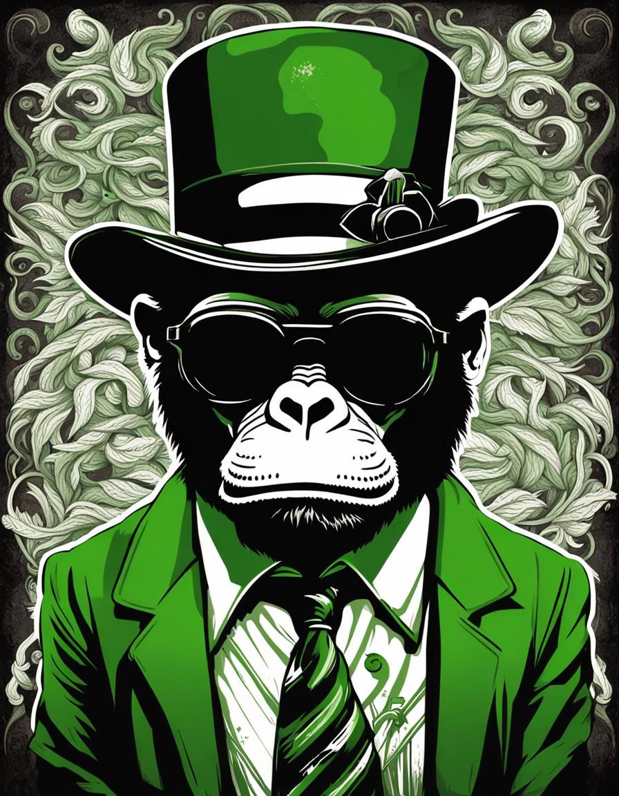 A imagem é de um macaco verde usando chapéu estilo Al Capone...