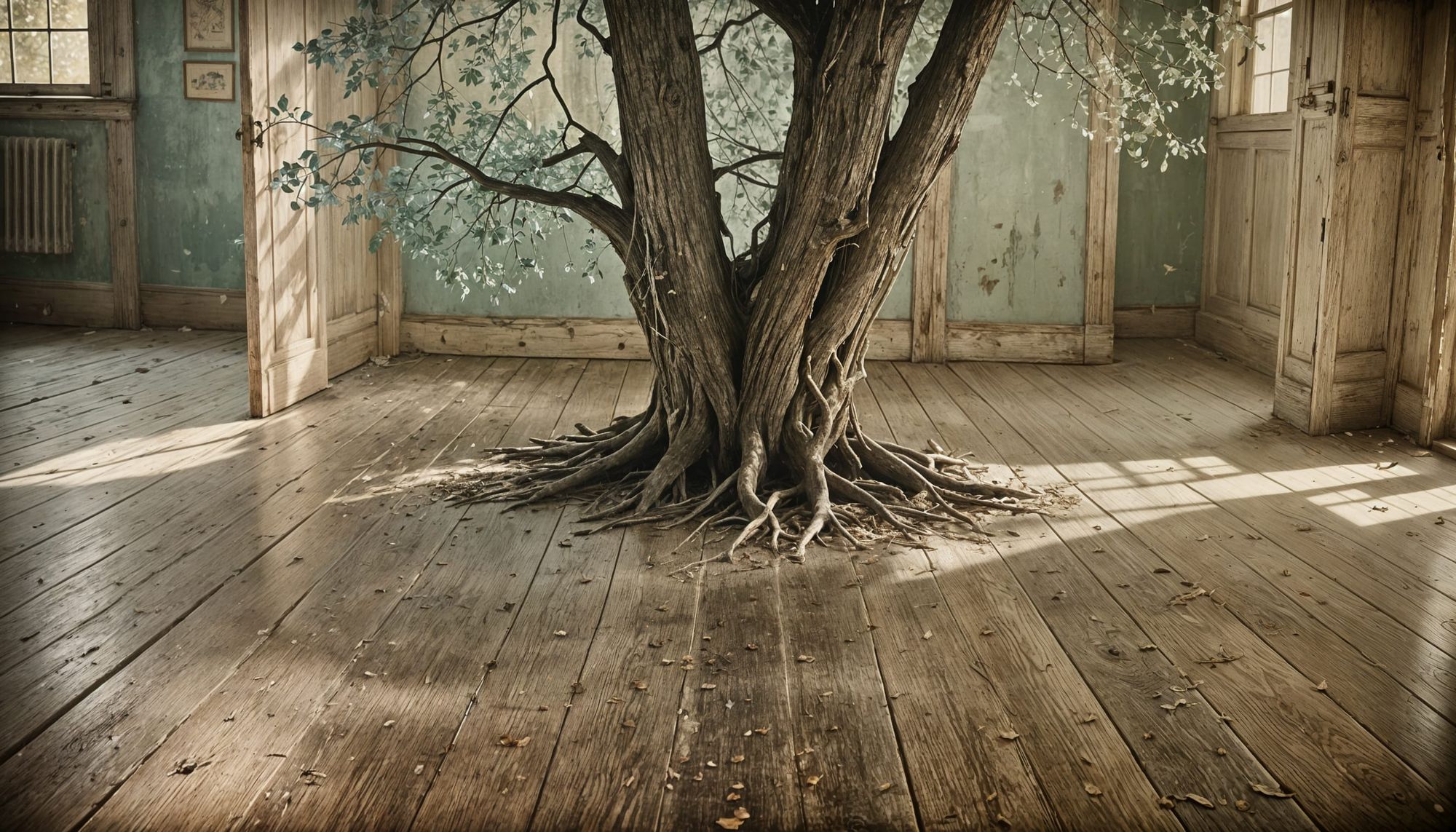 Create an antique portrait inspired by the 'wet plate collodion' photography style, capturing an autumn tree bursting through the wooden flo...