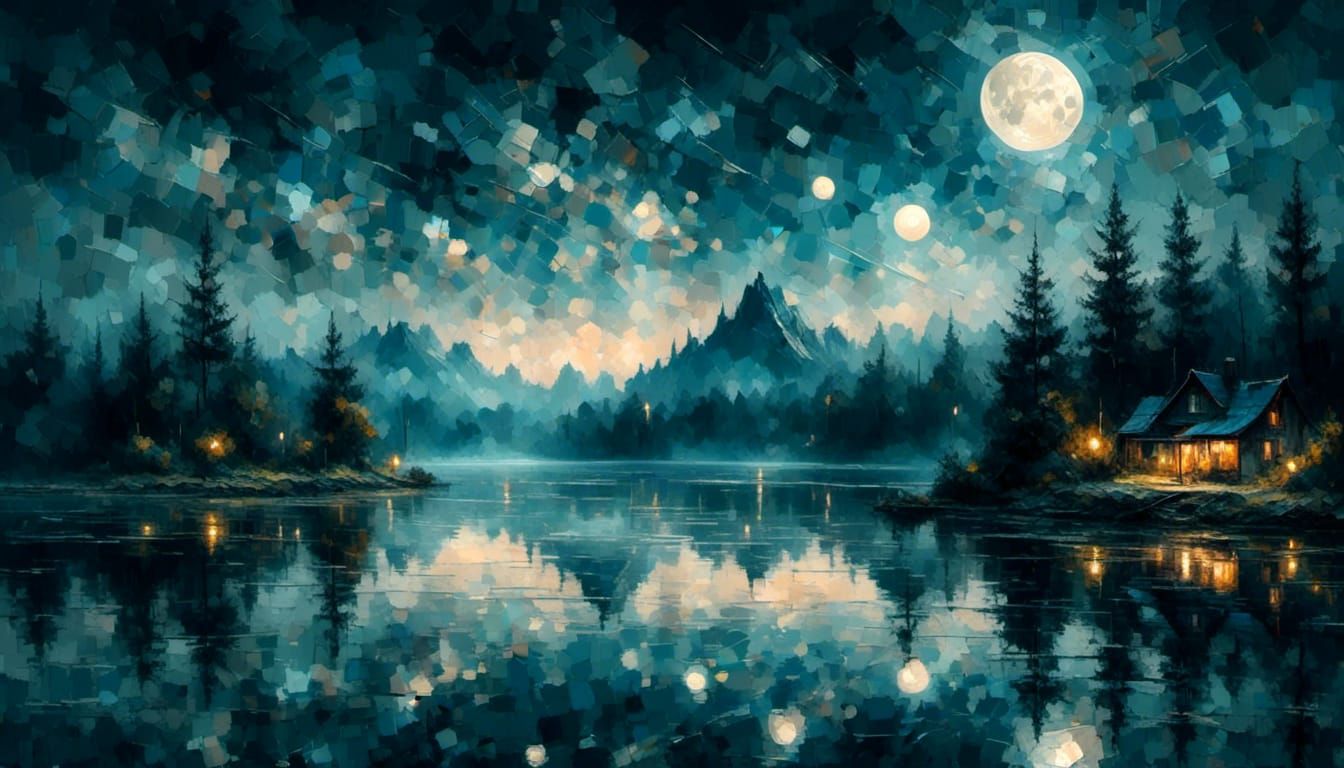 <lora:Mixed media:1.0> <lora:Abstract landscapes:1.0> Midnight moon over a calm lake. 