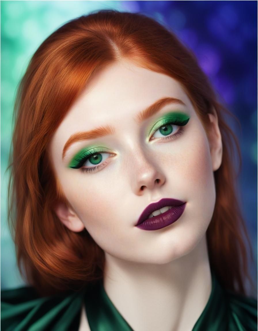 Realistic portrait of youthful cute redheaded young lady wit...