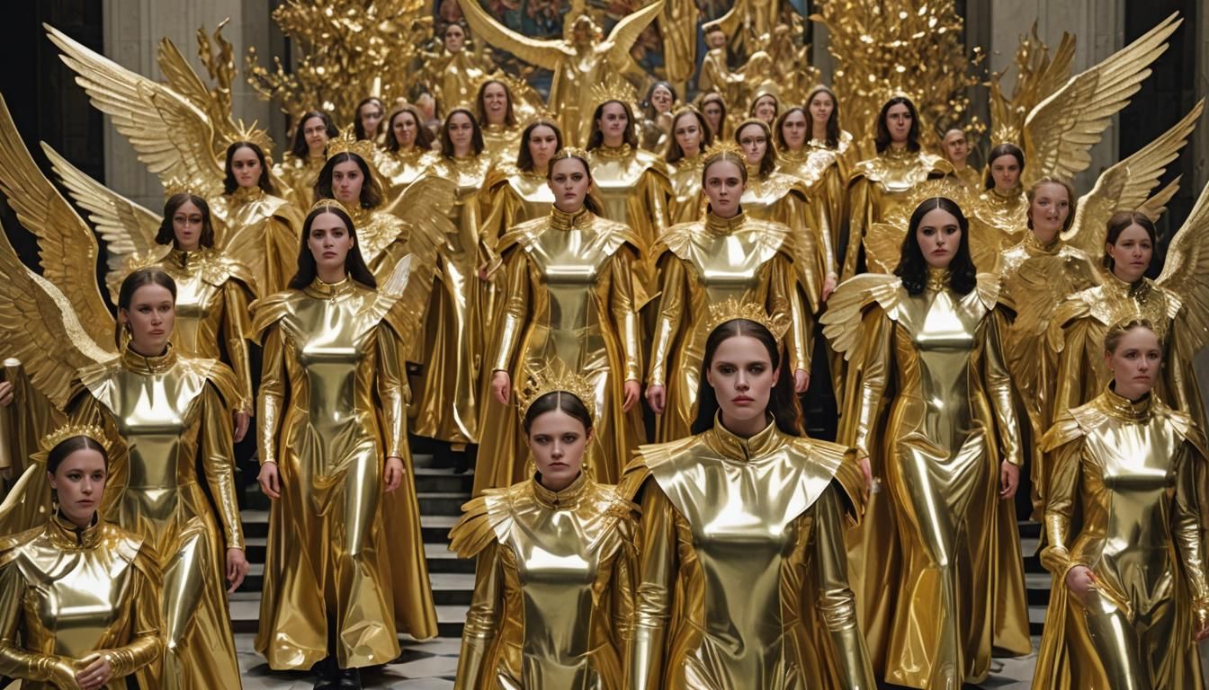 girls enveloped in gold liturgical royal reflective metallic...