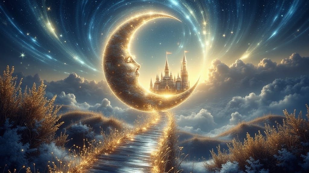 Fantastical Watercolor Moonlit Landscape with Fairytale Cast...