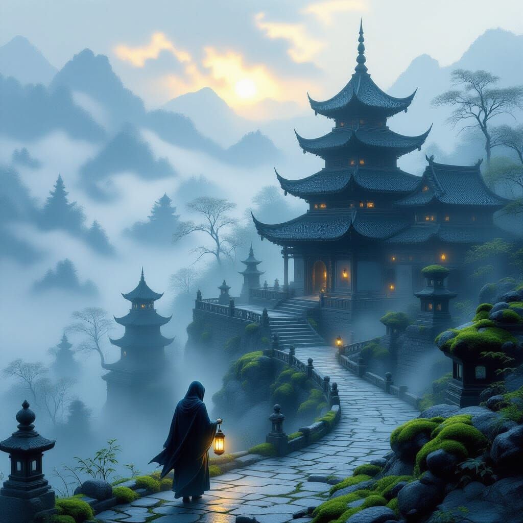 Lost Temple in the Fog"

Scene Description:

In the thick morning fog, the outlines of an ancient temple, covered in moss and ingrained in n...