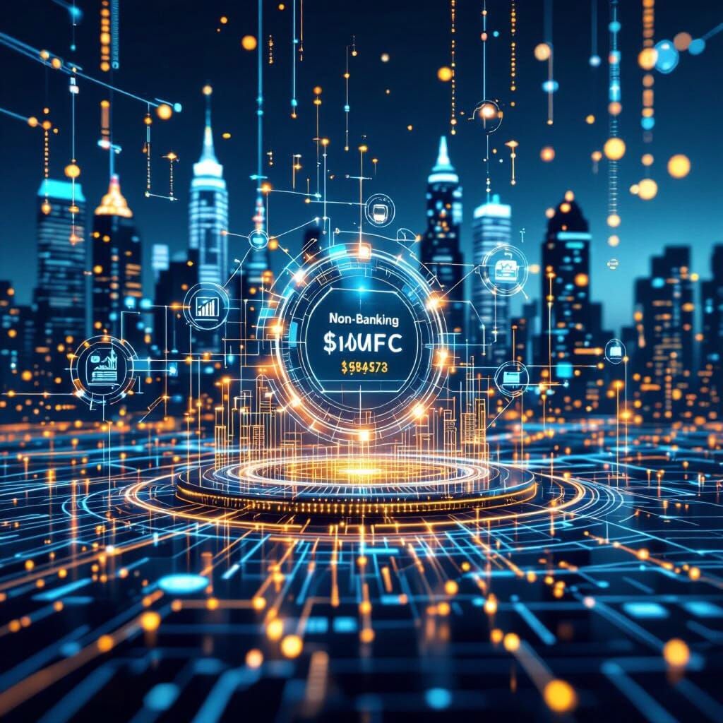 A futuristic digital finance scene showing a Non-Banking Financial Company (NBFC) transforming into a blockchain-powered digital ecosystem. ...