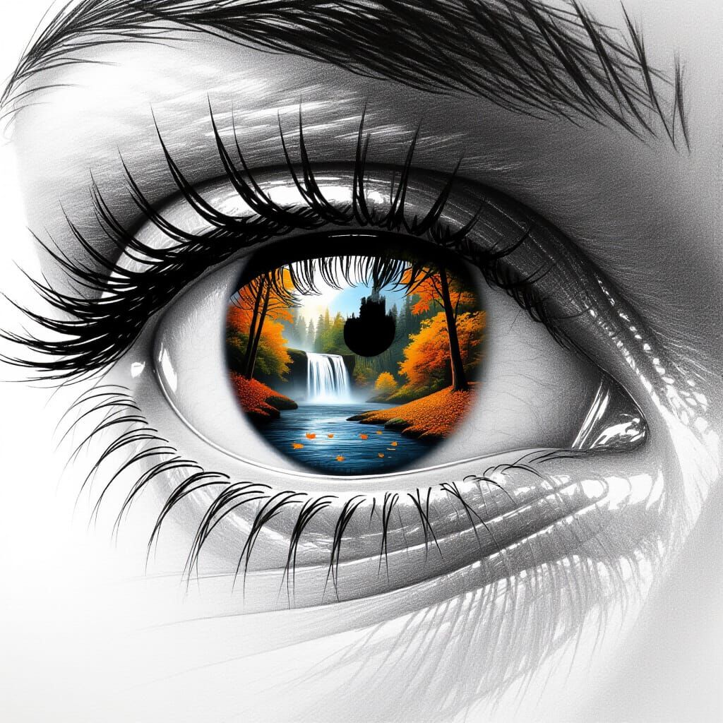 Ultra-detailed pencil sketch, black and white. A close-up of a human eye reflecting an autumn waterfall. The eye is drawn with intricate rea...