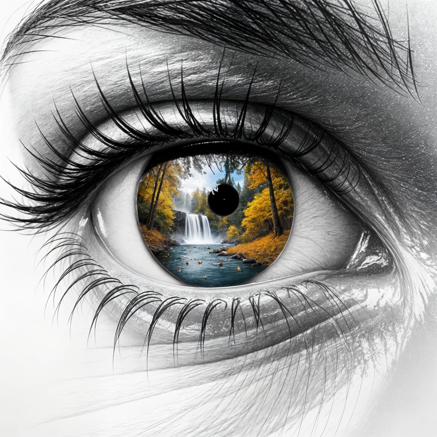 Ultra-detailed pencil sketch, black and white. A close-up of a human eye reflecting an autumn waterfall. ...  by @Likvi