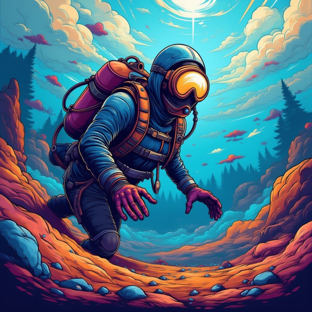 A deep-sea diver in a wet suit and diving gear, dynamic, colorful background <lora:Dynamic:1.0>