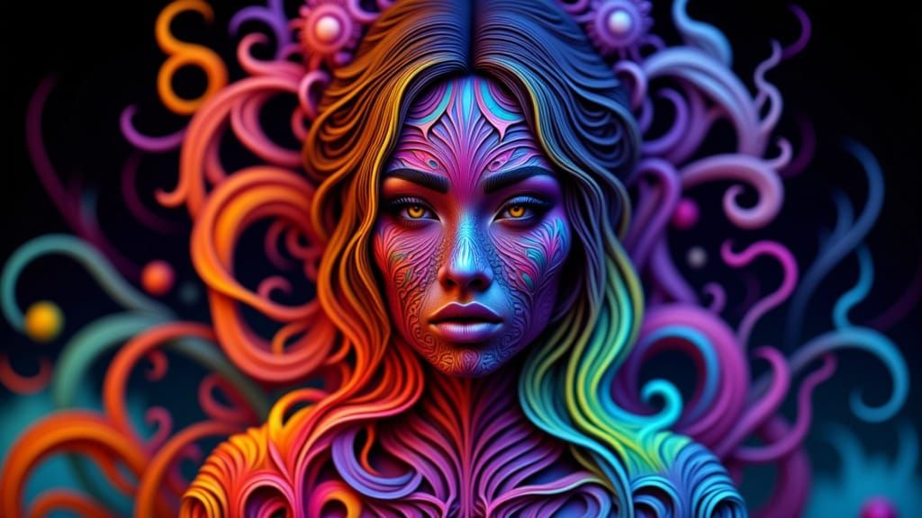 Captivating curvy slightly overweight gorgeous woman. made of kirigami. Vibrant colors

Gossimar translucent bioluminescent prismatic colors...
